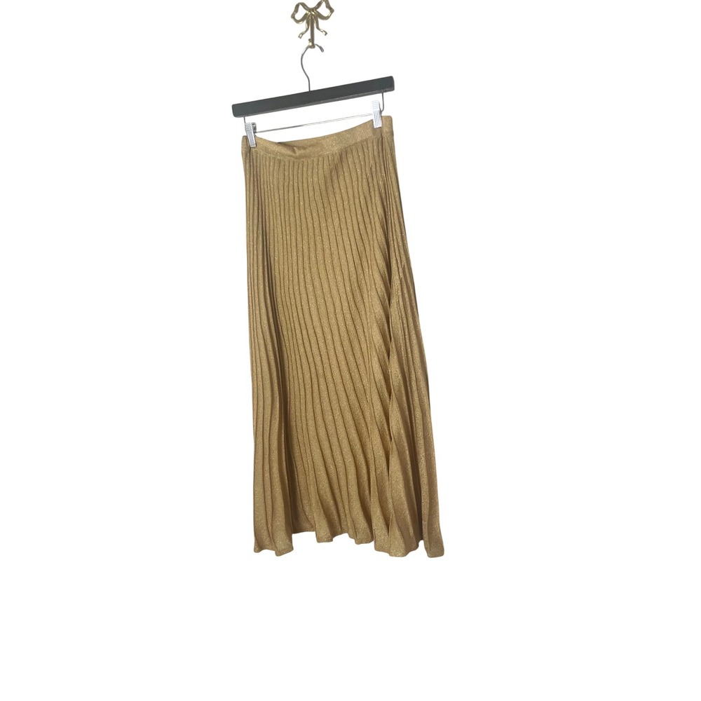 Sandro Paris Gold Metallic Pleated Midi Skirt Side Slit Knit Size 2 - Picture 9 of 9